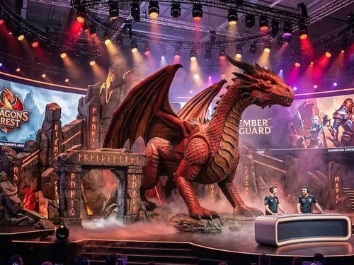 Drachenskulptur im Einsatz als Bühnendekoration bei einem Event