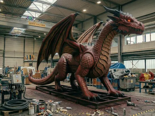 Fertig lackierte Drachenskulptur in der Werkstatt vor der Auslieferung