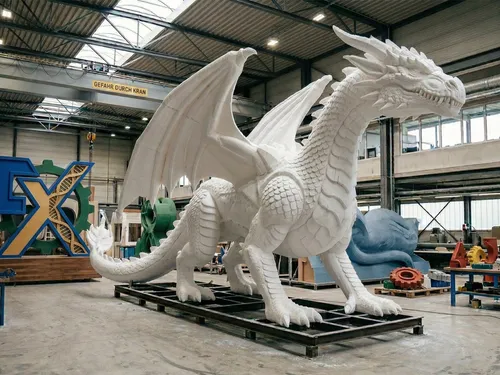 Überlebensgroße Drachenskulptur aus CNC-gefrästem EPS-Hartschaum in der Werkstatt, Rohform