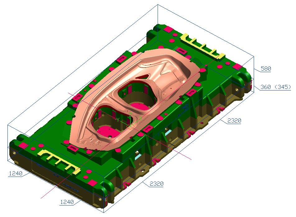 CAD-Modell eines CNC-gefrästen Werkzeugbau-Formteils mit Bemaßung