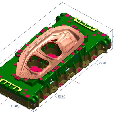 CAD-Modell eines CNC-gefrästen Werkzeugbau-Formteils mit Bemaßung