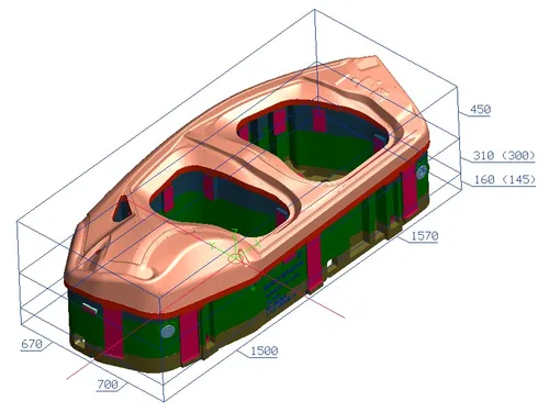 3D-CAD-Modell eines Fahrzeug-Formteils mit Bemaßung für den Werkzeugbau