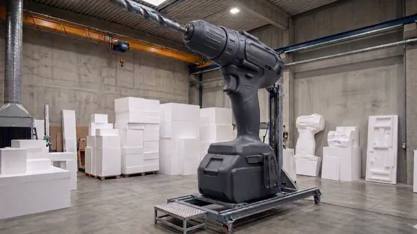 Überlebensgroßer Akkuschrauber aus CNC-gefrästem Hartschaum als Messeobjekt in der Werkstatt